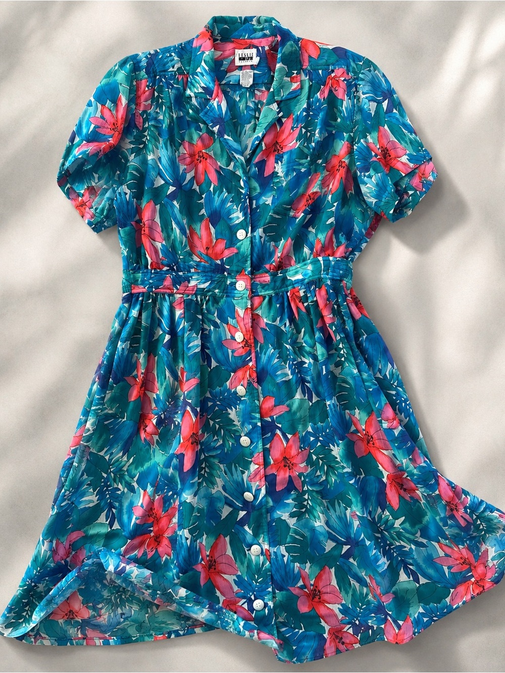 Vintage Leslie Fay Floral Midi Dress | Vintage Size 14 | Turquoise & Pink 80s